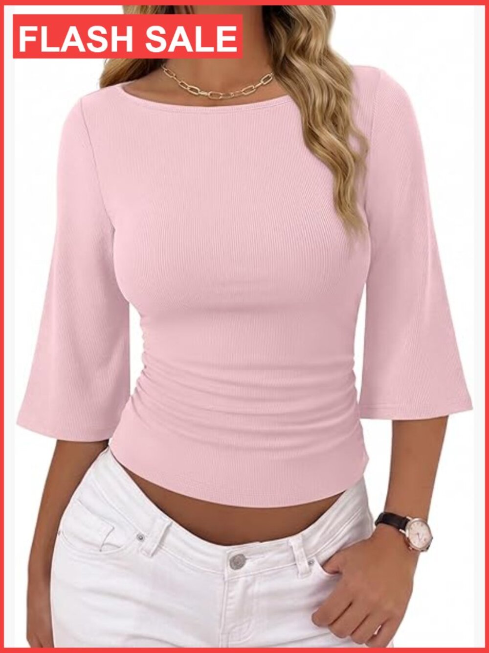 3/4 Sleeve Crop Top Ruched Waist Boat Neck Bell Sleeve Ribbed Knit Fitted Going